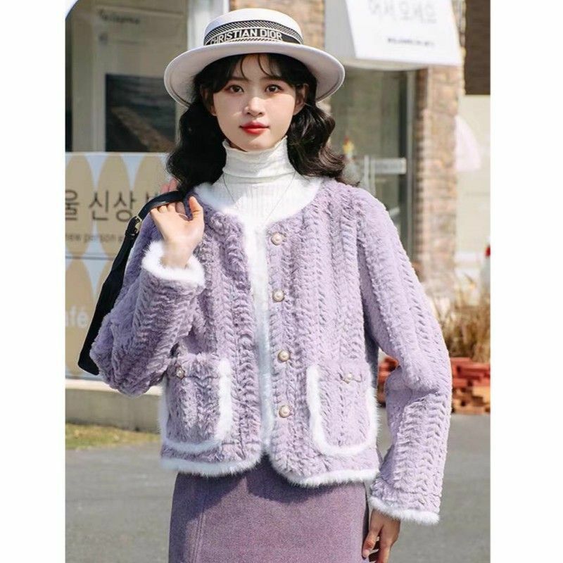 Mantel bulu ungu wanita, atasan pendek kasual leher O bulu domba imitasi satu jaket musim dingin 2023