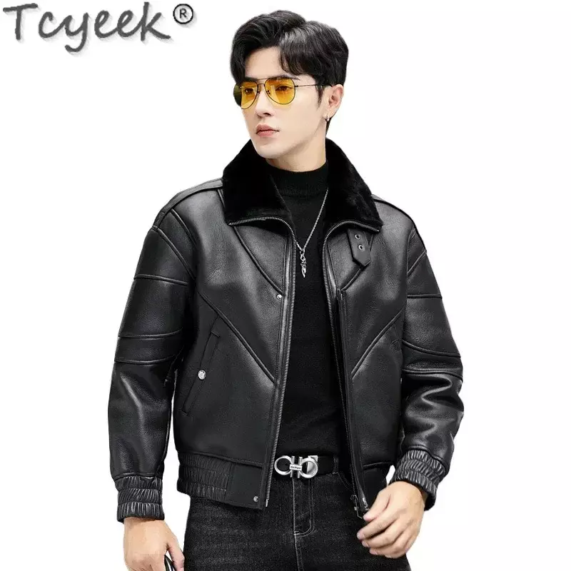 Tcyeek Fashion Genuine Leather Jacket Men Loose Men's Real Fur Coat Winter Jackets Natural Sheepskin Wool Coat for Men Clothing