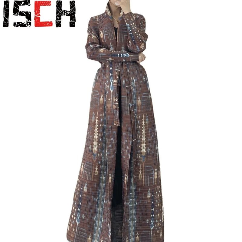 Miyake-casaco longo plissado feminino, quebra-vento com cordões, jaqueta de festa impressa, cardigã de tamanho grande, roupão, primavera, outono, 2021