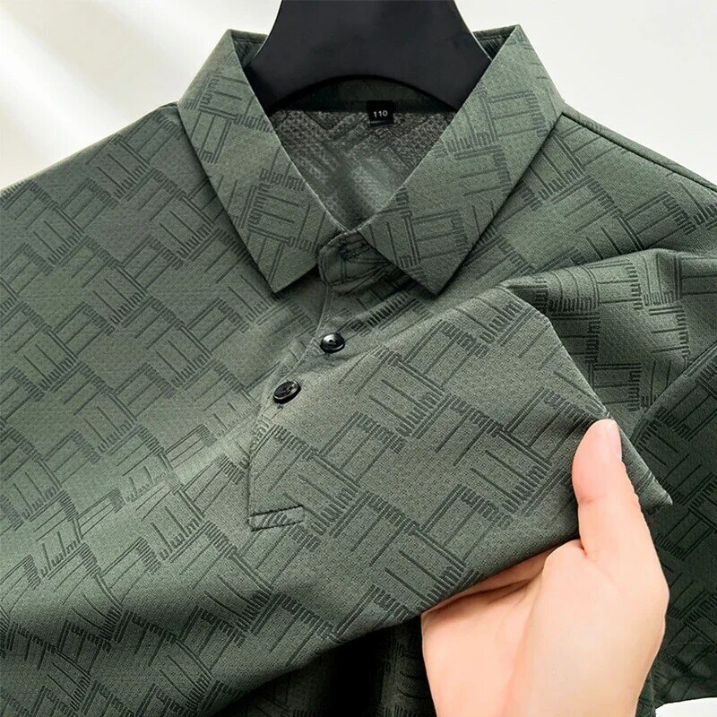 Kaus Polo kotak-kotak kasual bisnis pria, kaus lengan pendek musim panas modis dan serbaguna