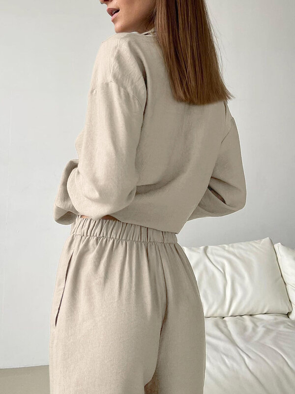 Marthaqiqi Cotton Female Sleepwear Set Long Sleeve Nightwear Turn-Down Collar Pajamas Pants Winter Women Nightgowns 2 Piece Suit