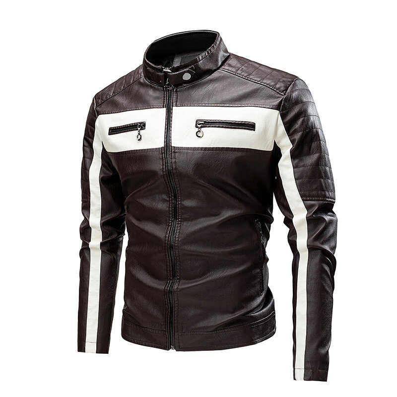 Spring Autumn Men's Windproof Motorcycle Leather Jacket Fashion Splicing Stand Collar Slim Fit PU Leather Jacket