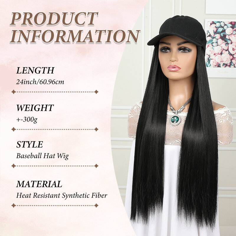 Sombrero de fibra sintética para mujer y niña, gorra de béisbol larga y recta con extensiones de cabello, ajustable, de alta calidad, 24 pulgadas