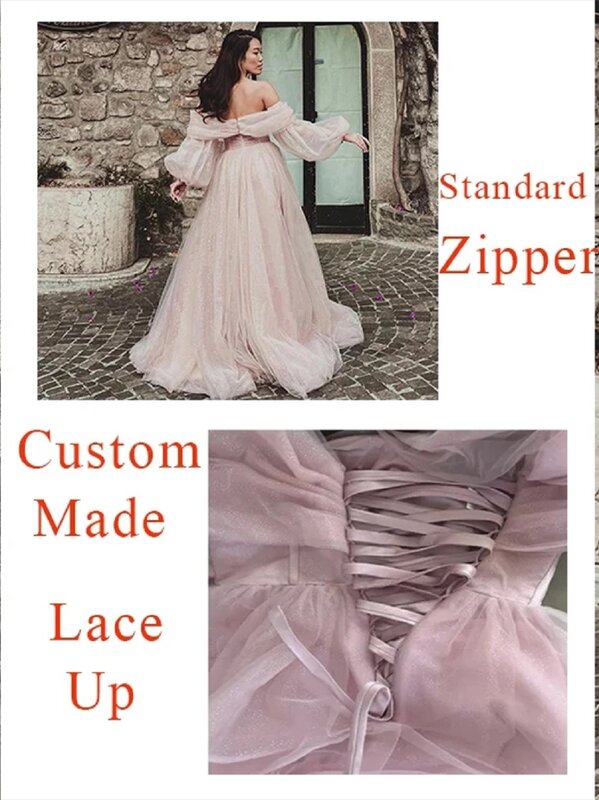 Eeqasn Pink Shiny Tulle Prom Dresses Off The Shoulder Long Puff Sleeve Evening Party Gowns 2023 Slit Women Arabia Wedding Dress