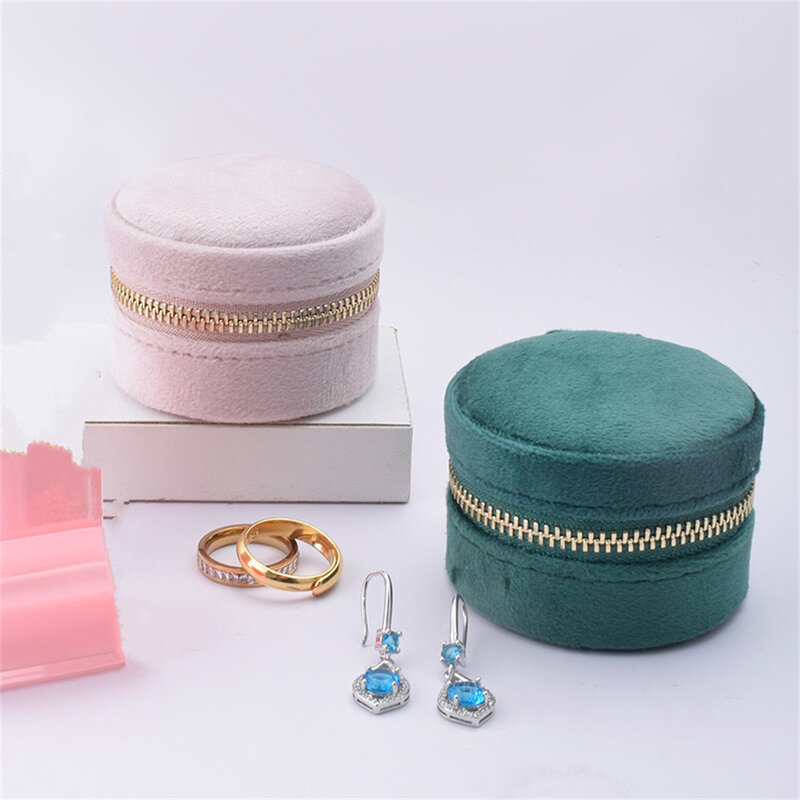 Бархатная шкатулка для ювелирных изделий, милая миниатюрная круглая коробка на молнии для хранения украшений, серег, ожерелий, колец, органайзер с зеркалом