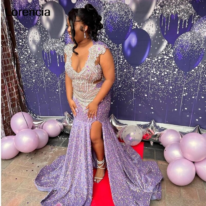 Lorencia Glitter Purple paillettes abito da ballo per ragazze nere 2024 abito da festa con perline di cristallo argento con spacco alto Robe De Soiree YPD133