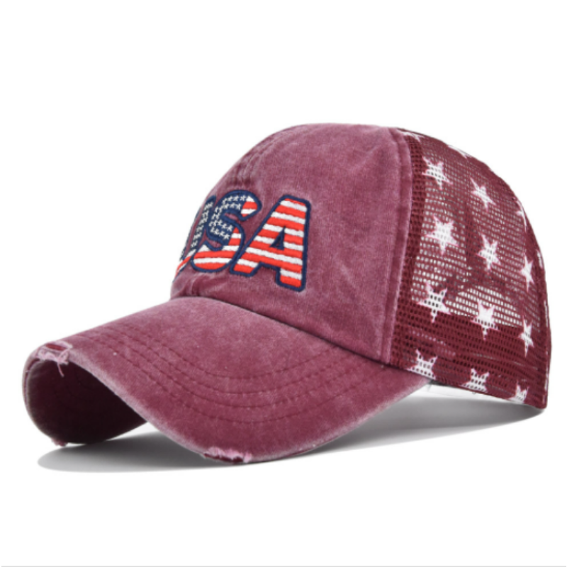 Star Print American Flag Embroidered Mesh Baseball Cap Washed Sun Protection Snapback For Women Men Sports Hiking Golf Dad Hat