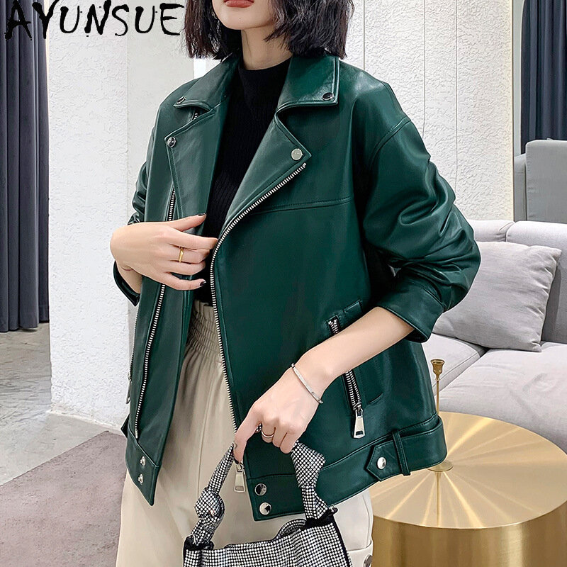 AYUNSUE-Jaqueta de couro feminino, solta pele de carneiro, moda Harajuku, locomotiva curta, zíper, na moda, popular