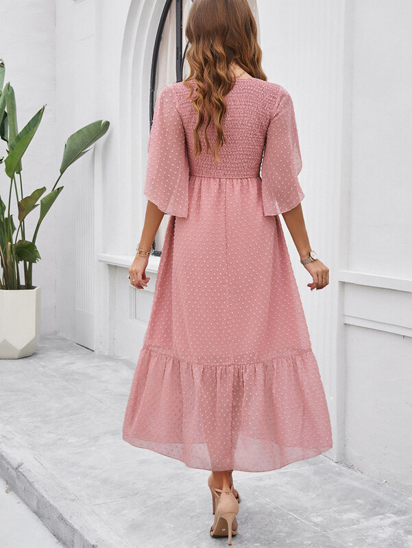 Vestido plissado feminino monocromático com decote em v, roupas de primavera e verão, temperamento elegante, personalidade Y2K Maxi Dress, alta qualidade, 2022