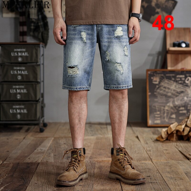 Шорты мужские из денима 48 Plus Szie, модные рваные джинсовые штаны, винтажные короткие брюки, большие размеры, на лето