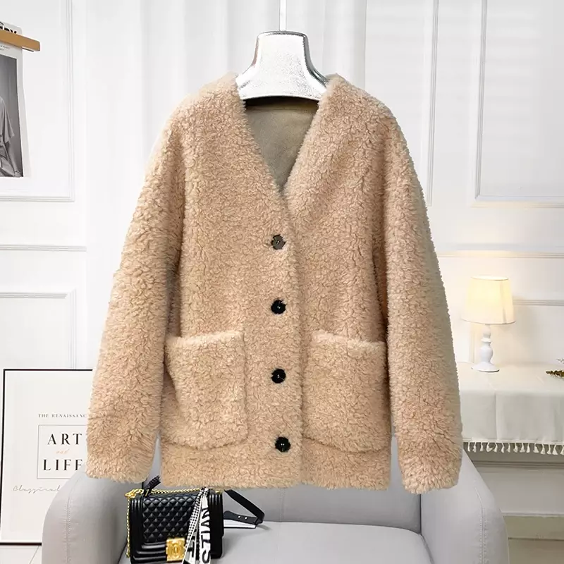 AYUNSUE New Fashion 2023 Sheep Shearing Jacket for Women Autumn Winter Black Lamb Wool Coat Mid-length V Neck Fur Coats Abrigos
