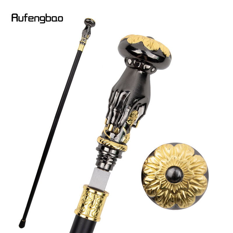Golden Black Hand Hold Flower Single Joint Walking Stick with Hidden Plate Self Defense Fashion Cane Plate Cosplay Crosier 93cm