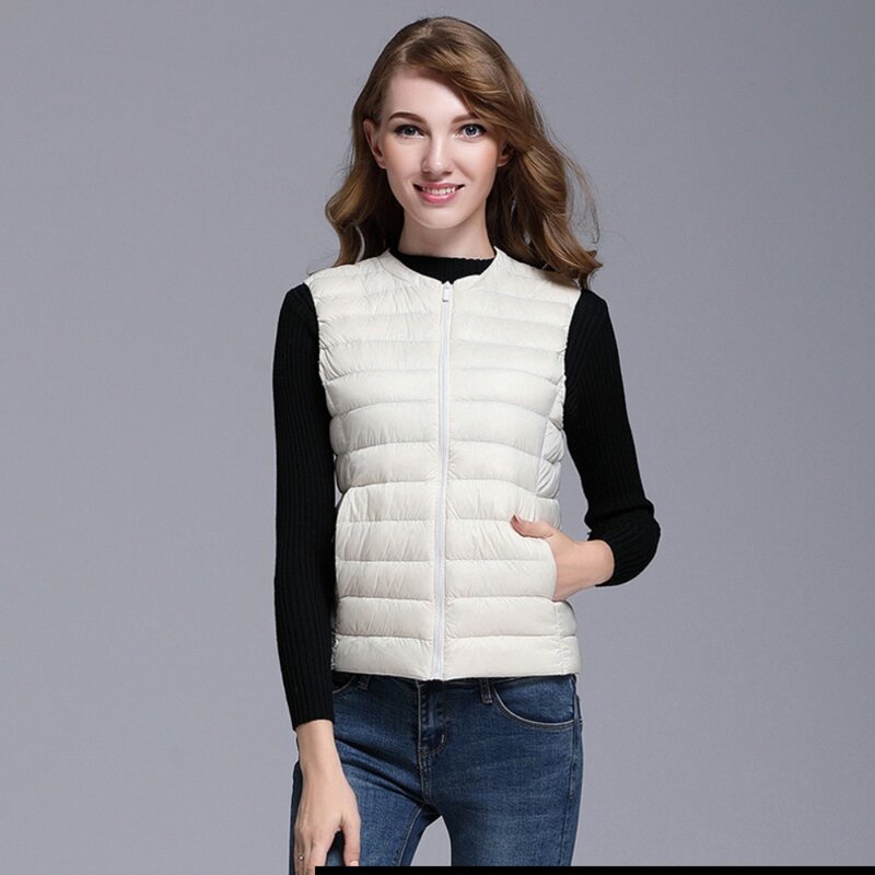 2023 여성용 초경량 다운 재킷 조끼, 민소매 화이트 덕 다운 코트, 경량 따뜻한 이너, 가을 겨울 조끼