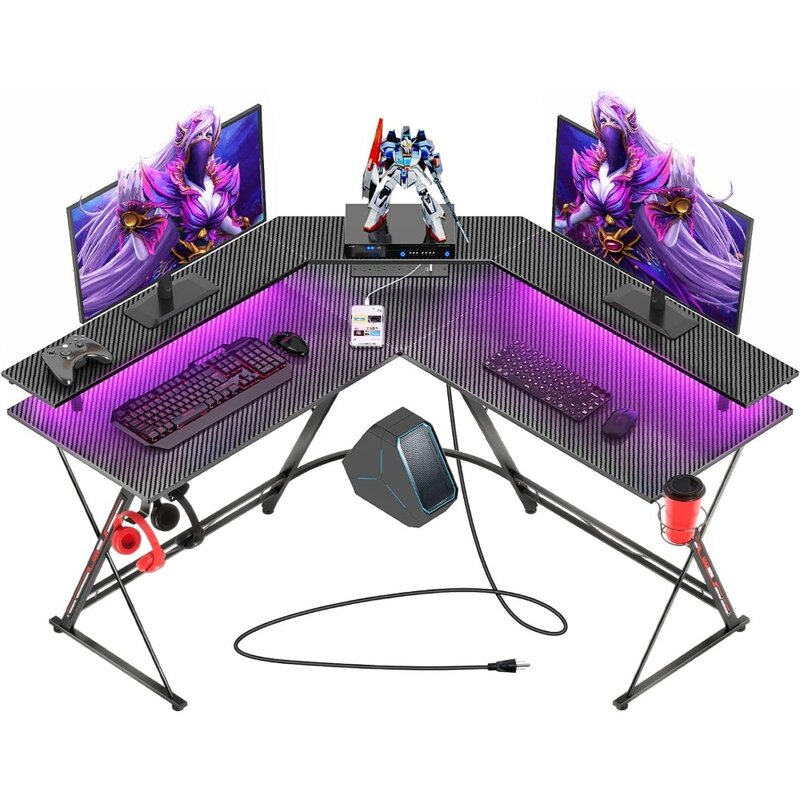 Gevormde Gaming Desk Met Led Verlichting & Stopcontacten, 50.4 ”Computerbureau Met Monitor Stand & Koolstofvezel Oppervlak,
