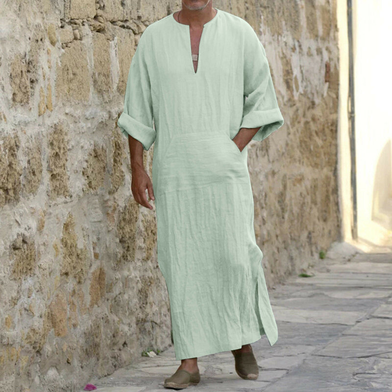 Kaftan Thobe de algodão masculino, meia manga, gola redonda, monocromática, solta, camiseta longa, grande demais, fenda, moda casual, primavera