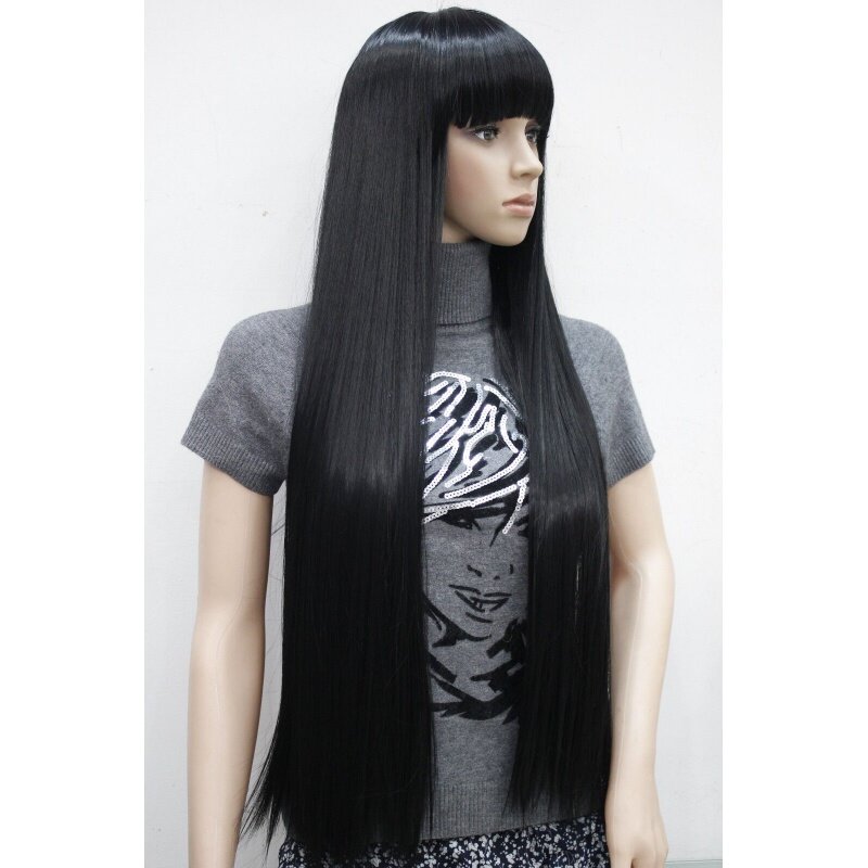 New fashion heat resistant jet bla straight long 32 "full wigs synthetic hair