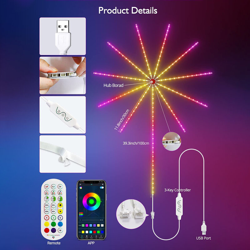 스마트 불꽃놀이 LED 조명, USB 전원 색상 변경 불꽃놀이 LED 조명, 앱 리모컨 벽 장식 조명, 음악 동기화