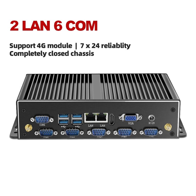 Quạt Không Cánh Công Nghiệp Mini PC 2 NIC LAN 6 * COM Core I7 5500U I5 4200U Celeron J1900 Mini Tính Windows 10 Pro HD WIFI 6 * RS232
