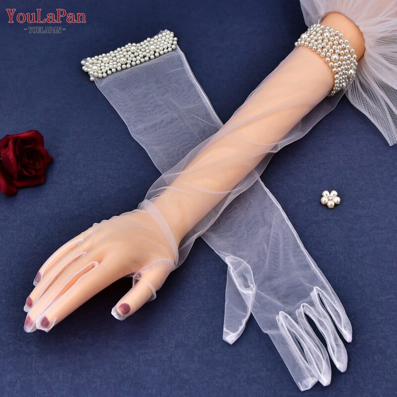 YouLaPan-guantes de novia con perlas de VM01-A, transparentes, largos por encima del codo, para fiesta de despedida de soltera, 1 par