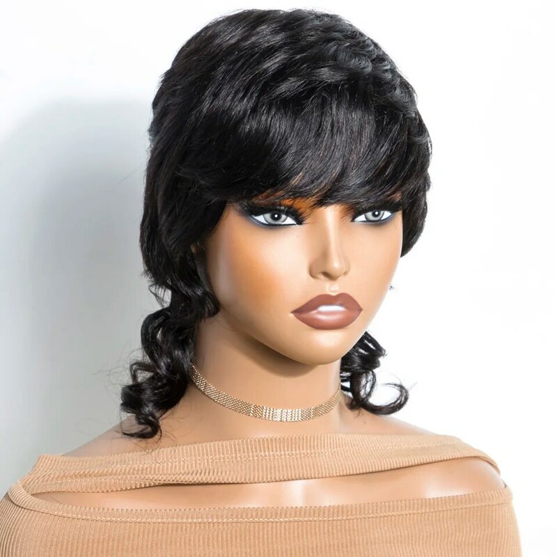 Mullet Wig Short Pixie Cut Wigs Full Machine Made Wig With Bangs Dovetail Straight Brazilian Remy Human Hair Wigs For Women