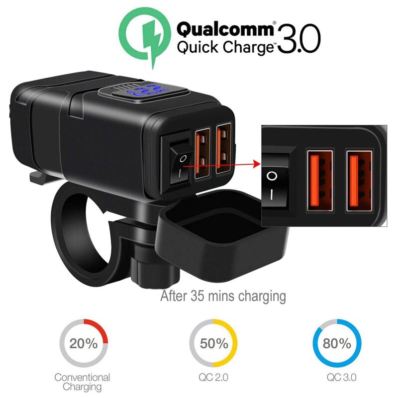 Waterproof Motorcycle Dual USB Fast Charger Port Power Adapter Voltmeter & On/Off ,for Phone Gps Tablet Etc