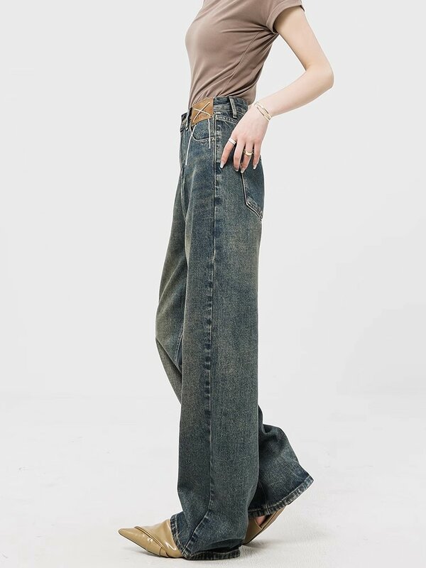 Джинсы женские Мешковатые с завышенной талией, винтажные брюки из денима с широкими штанинами, прямые, в Корейском стиле, уличная одежда, голубые, Y2k, осень 2023
