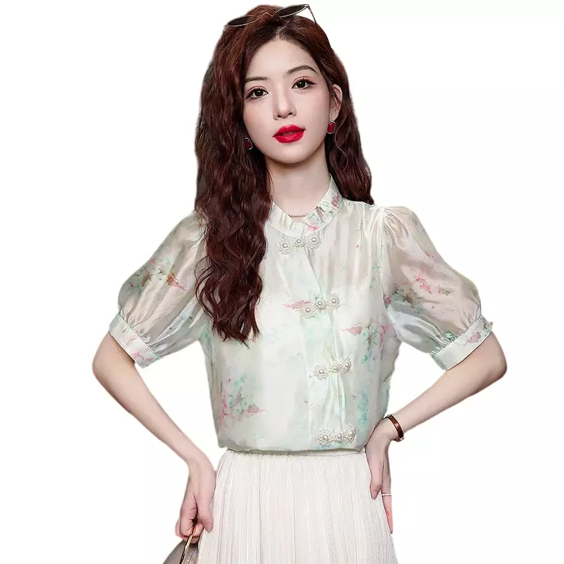 Blusas femininas bordadas em chiffon, camisa de verão, tops soltos, manga curta, estilo chinês, roupas da moda