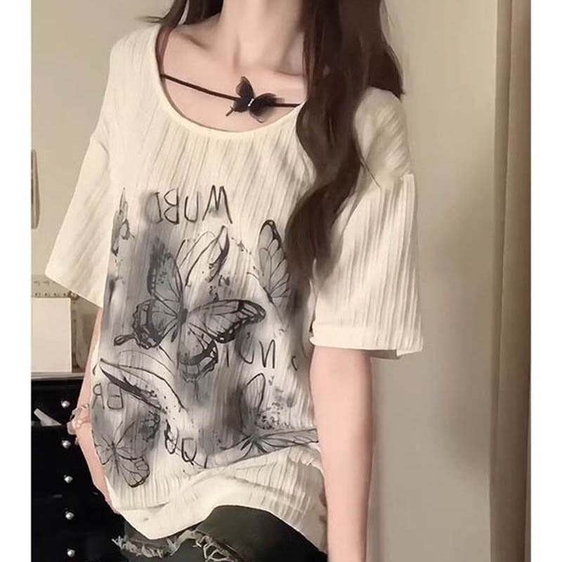 女性のための蝶のオーバーサイズのTシャツ,女性の半袖Tシャツ,ラウンドネックの韓国の服,ヴィンテージのトップス,夏,2024