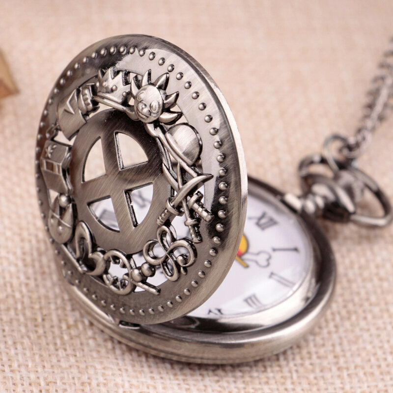 New Famous Anime Exquisite Hollow Carved Grey Quartz Pocket Watch Necklace Pendant Gifts For Women Or Man with Fob Chain