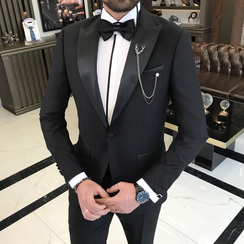 Esmoquin clásico de boda para hombre, traje de novio (chaqueta + Pantalones + pajarita), cuello de satén negro de negocios con botones cubiertos