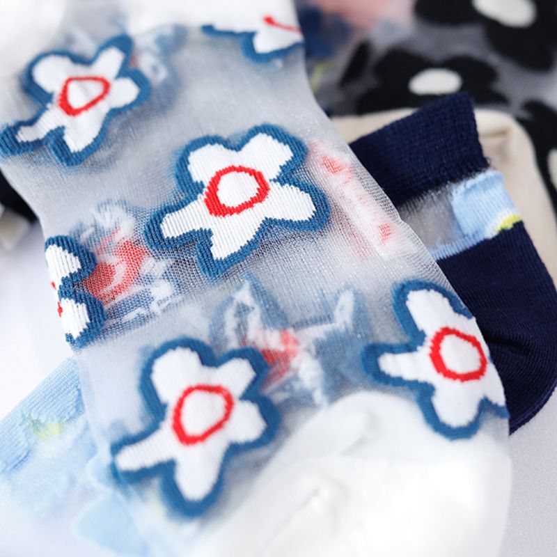 5 Pairs Women Summer Glass Fiber Short Boat Socks Japanese Sweet Flower Jacquard Transparent Mesh Ultra-Thin Invisible