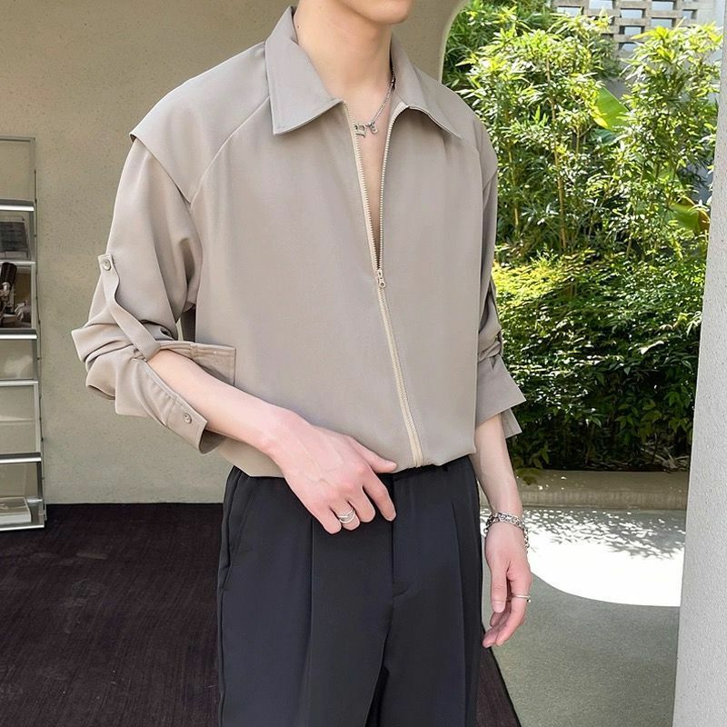 2024 letnia nowa niszowa męska koszula z regulowanymi długimi i krótkimi rękawami nieżelazna lodowy jedwab cienka w stylu Casual, na zamek błyskawiczny koszula męska