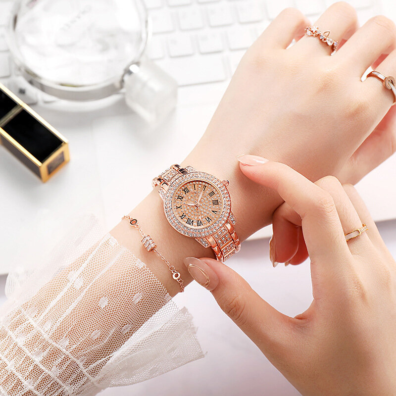 La montre est pleine de diamants pour femme, montre-bracelet en acier élégant, cadran secondaire, luxueux, atmosphérique