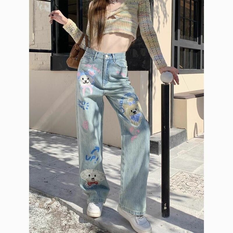 Calça jeans feminina com estampa de cachorrinho americana cartoon, calça casual reta solta, estilo doce e legal, design estilo coreano, nova, 2024