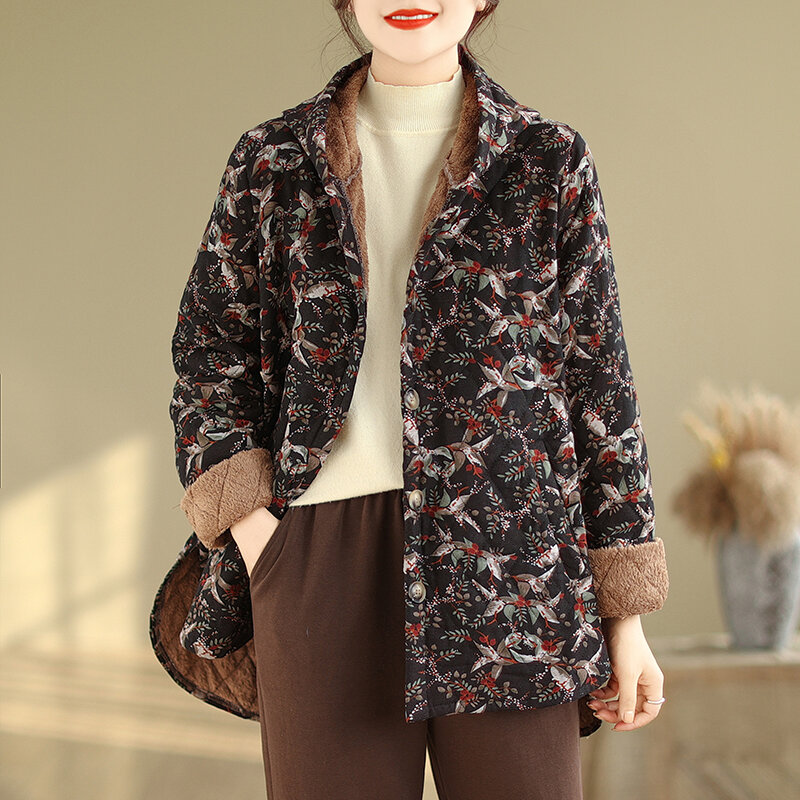 Jaqueta floral estilo étnico com capuz para mulheres, casaco de mangas compridas, peito único, solta, vintage, casual, mantenha quente, algodão, de cintura larga