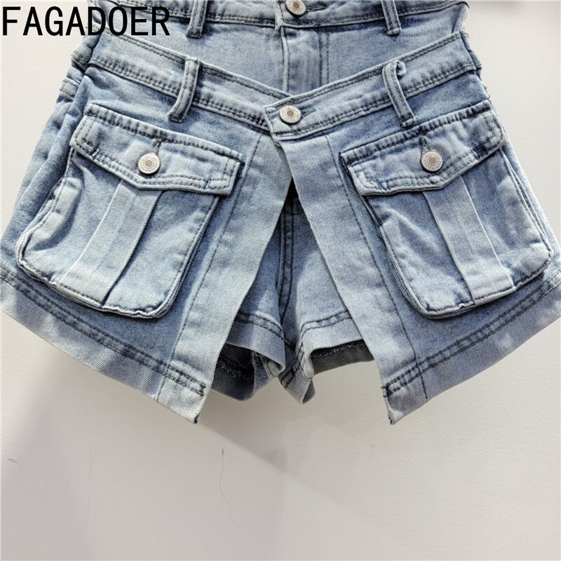 FAGADOER-Saias jeans com design irregular para mulheres, botão de cintura alta, shorts finos, calças de cowboy combinando, nova moda, verão, Y2K