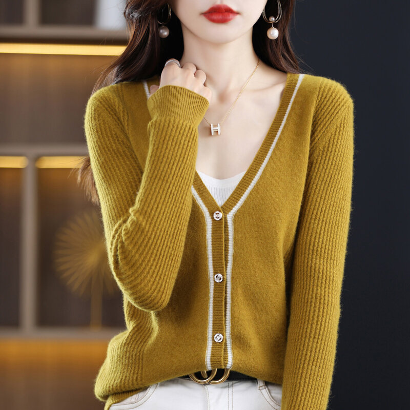 여성용 V넥 스웨터 코트, 루즈한 긴팔 가디건, 100% 순수 스웨터, 고급스러운 배색, 가을 및 겨울 신상