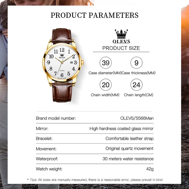 OLEVS-Relógio de pulso de couro para homens e mulheres, relógios casal, data simples, impermeável, relógio empresarial