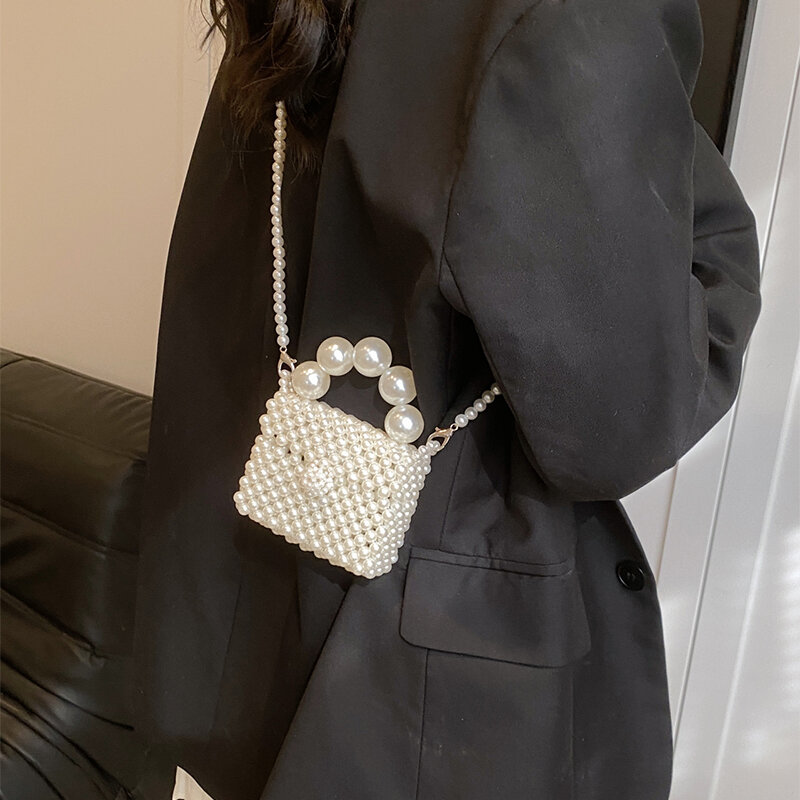 Pearl Clutch Bag Beading Handmade Woven Handbag Femme 2024 Luxury Wedding Purse High Quality PVC Crossbody Lady Box Lipstick Bag