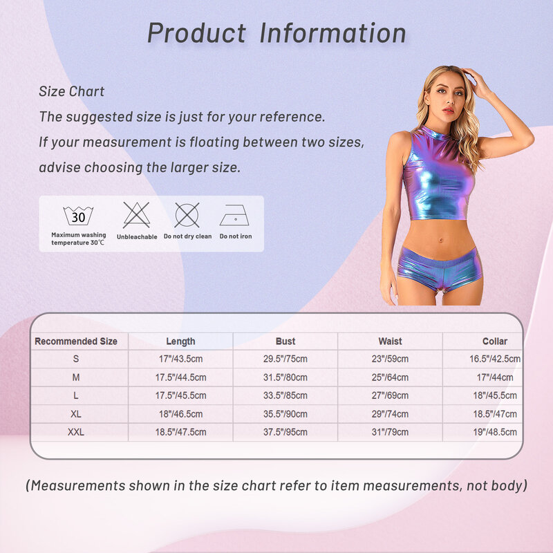 Womens Metallic Rave Festival Party Clubwear Pole Dance Costume Sleeveless Mock Neck Crop Top with Low Waist Hot Shorts