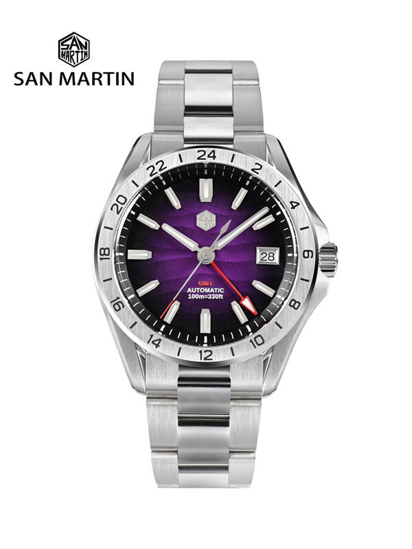 San Martin 39mm fioletowa pustynna tarcza luksusowa męska sukienka zegarek NH34 GMT automatyczna mechaniczna wodoodporna 100m świecąca SN0129