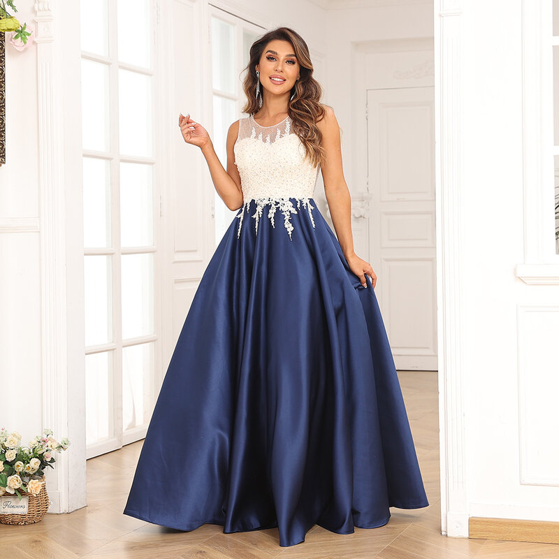 فستان سهرة عتيق بدون أكمام باللون الأزرق الداكن 2023 مزين برقبة دائرية من الساتان طويل لحفلات الزفاف للنساء طول الأرض