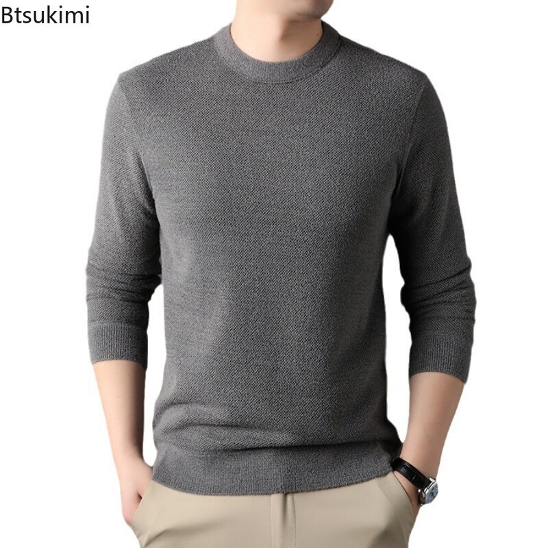 Sweater rajut hangat kasual pria, Sweater pullover lengan panjang polos leher bulat musim dingin 2024