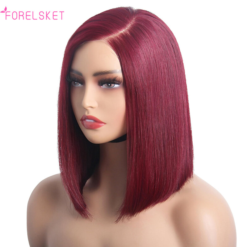 Perruque péruvienne courte Bob Lace Front Wig pour femme, cheveux humains, rouge, bordeaux, transparent HD, droit, pré-plumé, 99J, 13x5x1