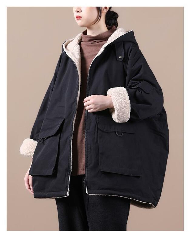 Зимнее теплое Женское пальто с капюшоном из овечьей шерсти, куртки, оранжевое, черное Свободное пальто на молнии, женские повседневные парки, верхняя одежда