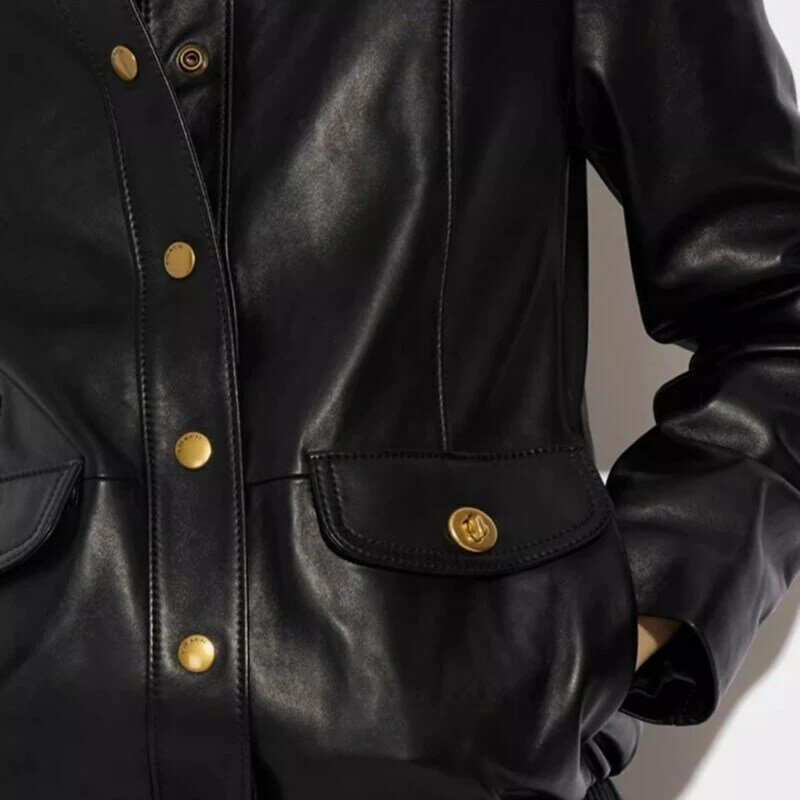 Damska jesienna kurtka z prawdziwej skóry krótki płaszcz damski elegancki okrągły dekolt długi płaszcz z rękawami moda Casual All-match bluzki damskie TF377