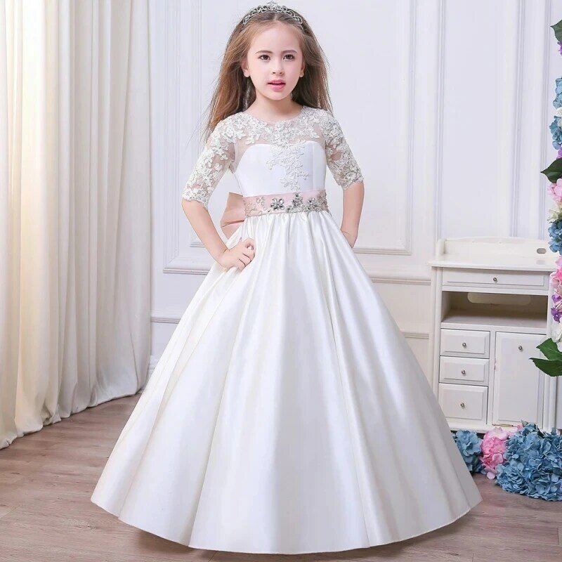 2024 aplikacje koronkowe tiulowa kwiecista sukienka dziewczęca klejnoty z kokardą pas konkurs sukni księżniczki suknia balowa suknia pierwsza komunia