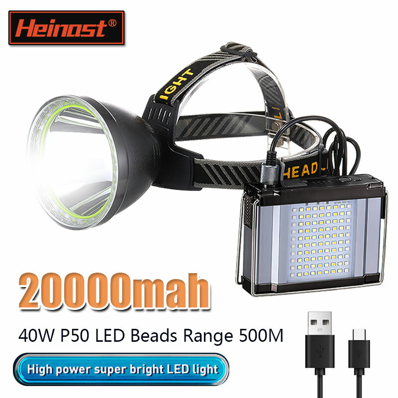 Potente linterna frontal LED, lámpara de minería dividida de 40W, P50, recargable, impermeable, para pesca y Camping