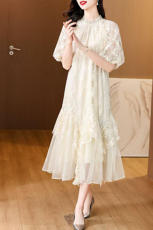 2024 Luxus Blumen Perlen Stickerei Midi Kleid Frauen koreanische elegante lose Maxi kleid Sommer Vintage Chic Party Abend Vestido