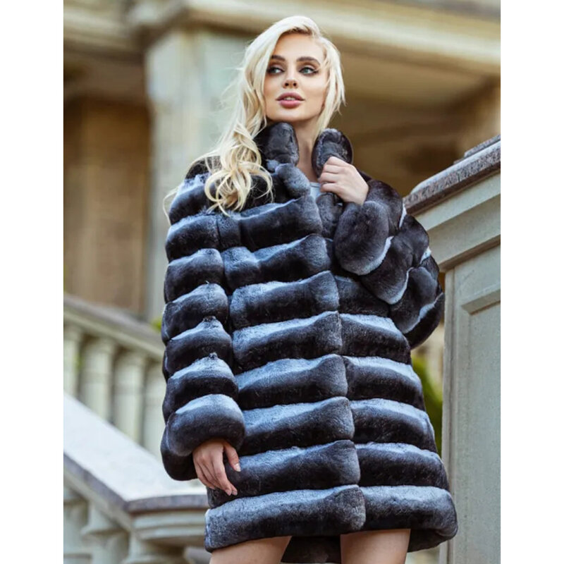 Casaco de pele de coelho real Rex para mulheres, jaqueta fofa, casaco de luxo, pele genuína, pele natural, inverno